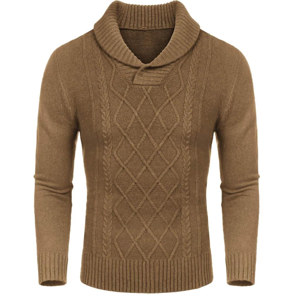 imageCOOFANDY Mens Shawl Collar Sweaters VNeck Relaxed Fit Cable PulloversKhaki