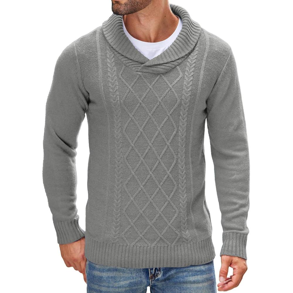 imageCOOFANDY Mens Shawl Collar Sweaters VNeck Relaxed Fit Cable PulloversLight Grey