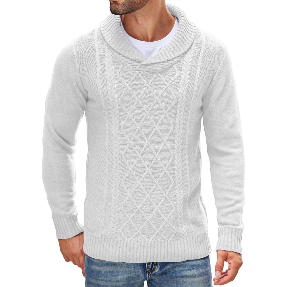 imageCOOFANDY Mens Shawl Collar Sweaters VNeck Relaxed Fit Cable PulloversWhite