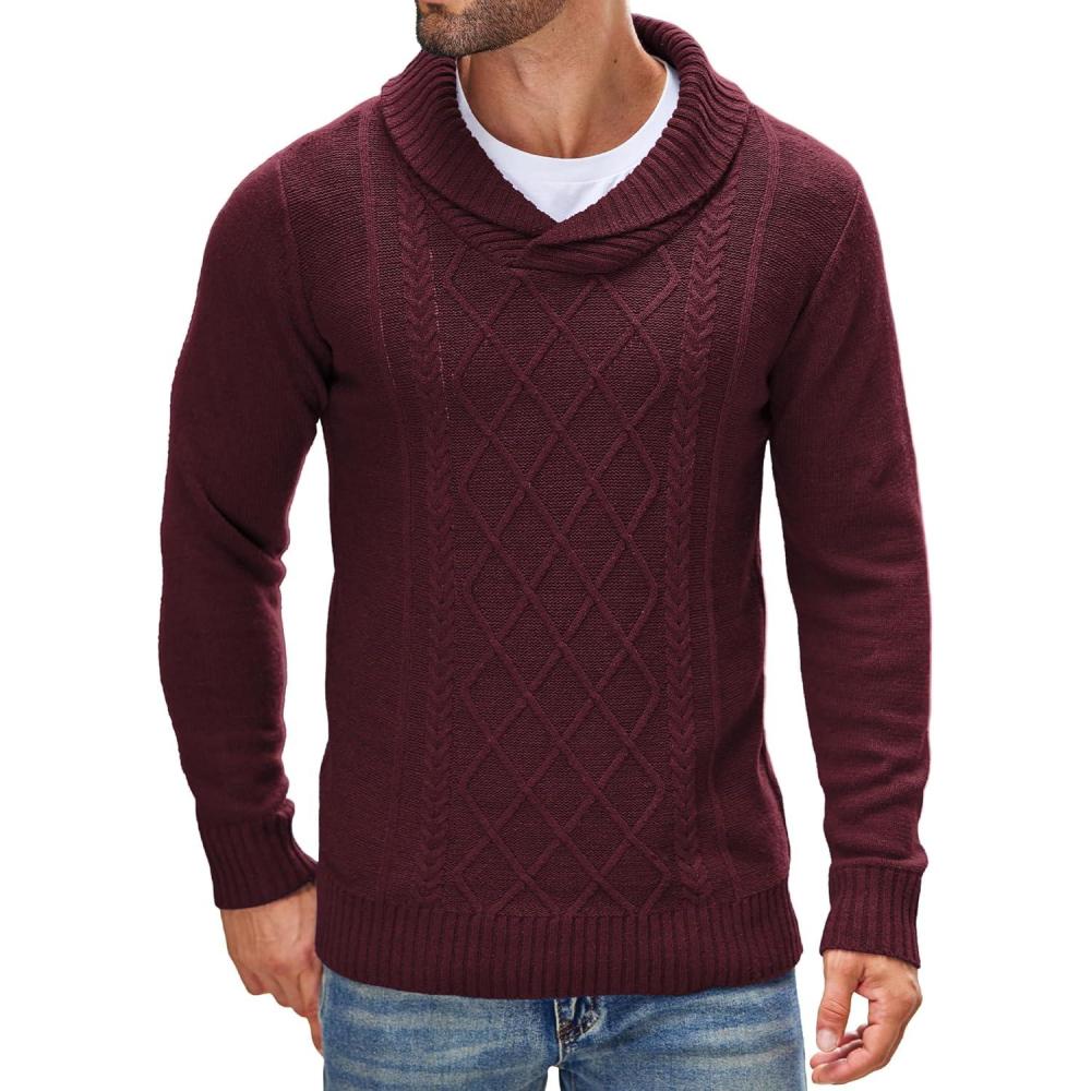 imageCOOFANDY Mens Shawl Collar Sweaters VNeck Relaxed Fit Cable PulloversWine Red