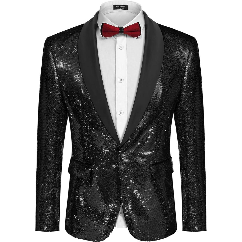 imageCOOFANDY Mens Shiny Sequin Blazer Tuxedo Party Dinner Prom One Button Suit JacketBlack