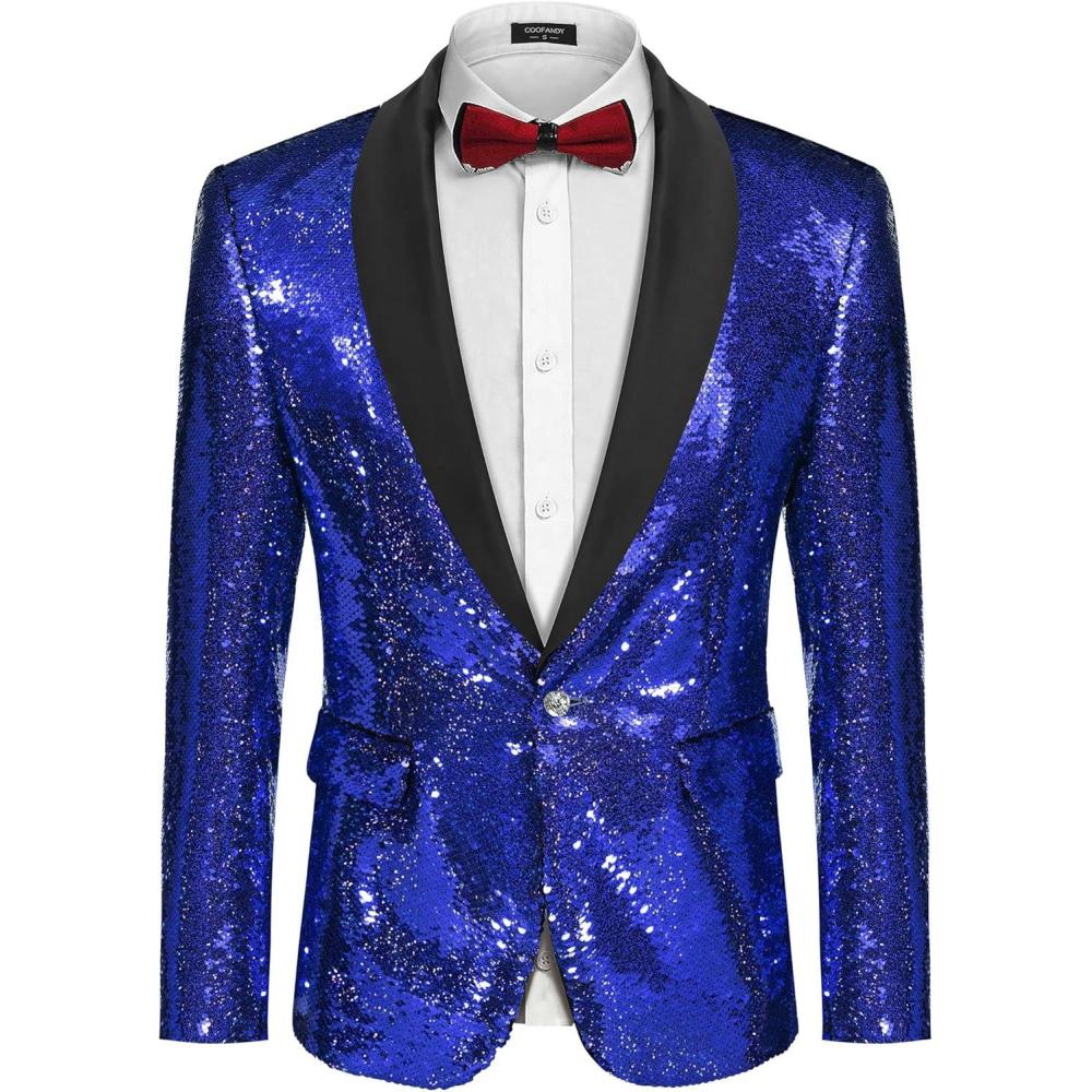 imageCOOFANDY Mens Shiny Sequin Blazer Tuxedo Party Dinner Prom One Button Suit JacketBlue