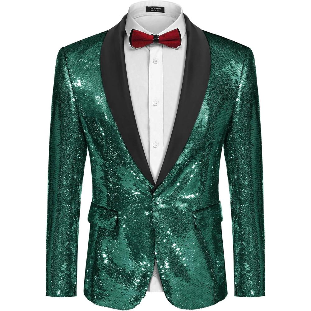 imageCOOFANDY Mens Shiny Sequin Blazer Tuxedo Party Dinner Prom One Button Suit JacketEvergreen