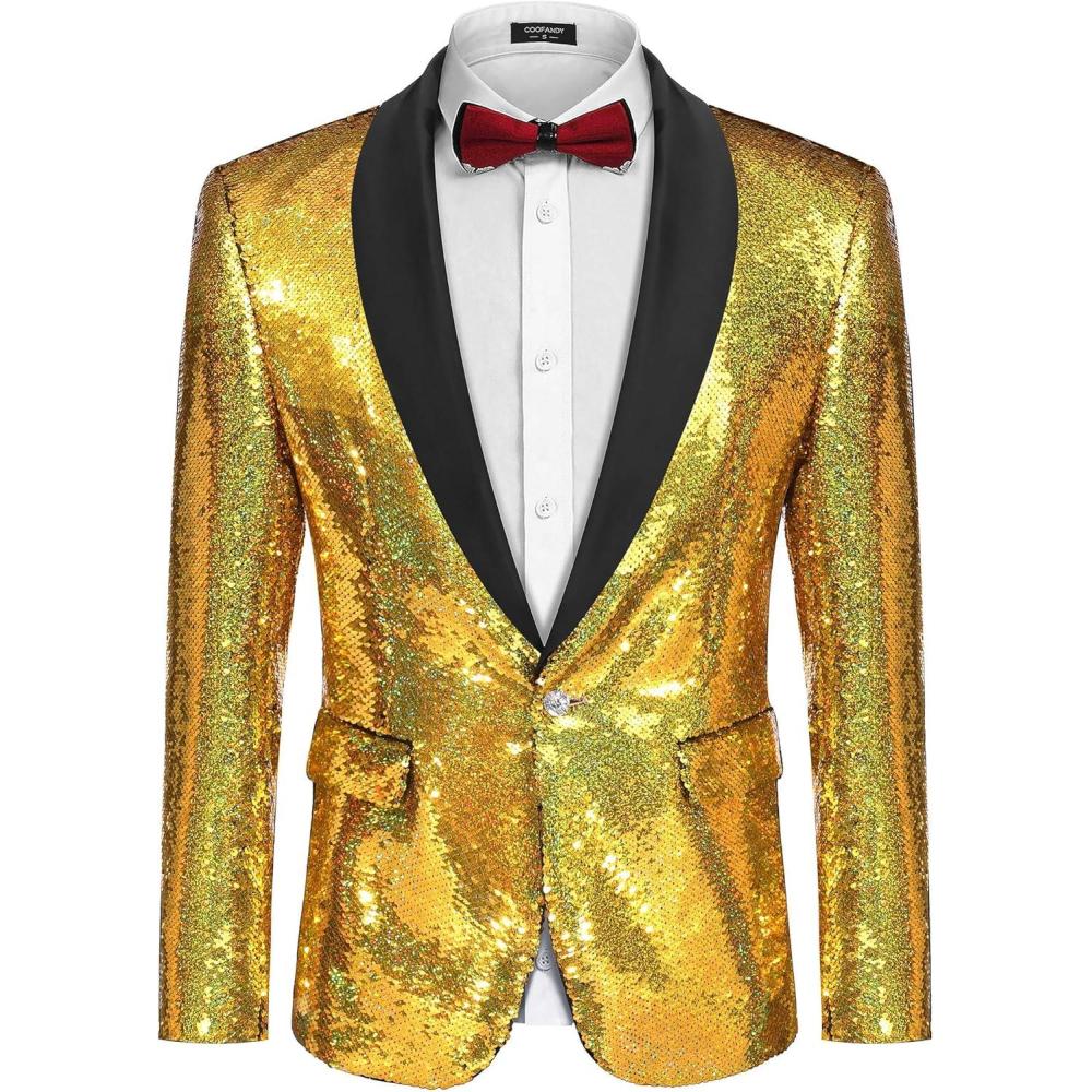 imageCOOFANDY Mens Shiny Sequin Blazer Tuxedo Party Dinner Prom One Button Suit JacketGold