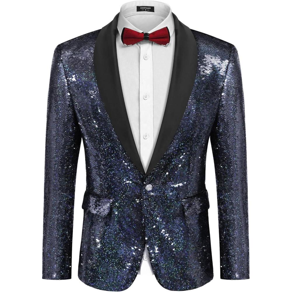 imageCOOFANDY Mens Shiny Sequin Blazer Tuxedo Party Dinner Prom One Button Suit JacketMulticolorednavy Blue