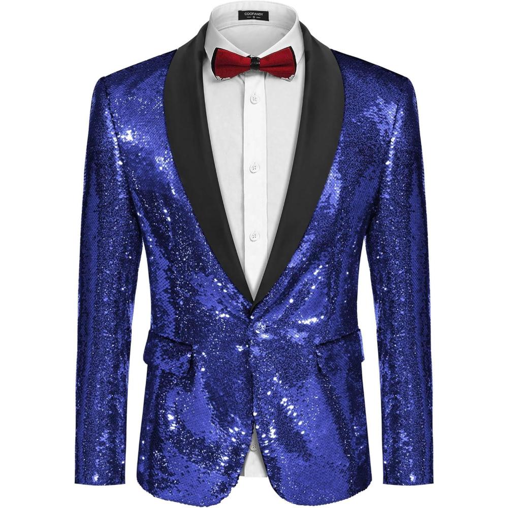 imageCOOFANDY Mens Shiny Sequin Blazer Tuxedo Party Dinner Prom One Button Suit JacketNavy Blue