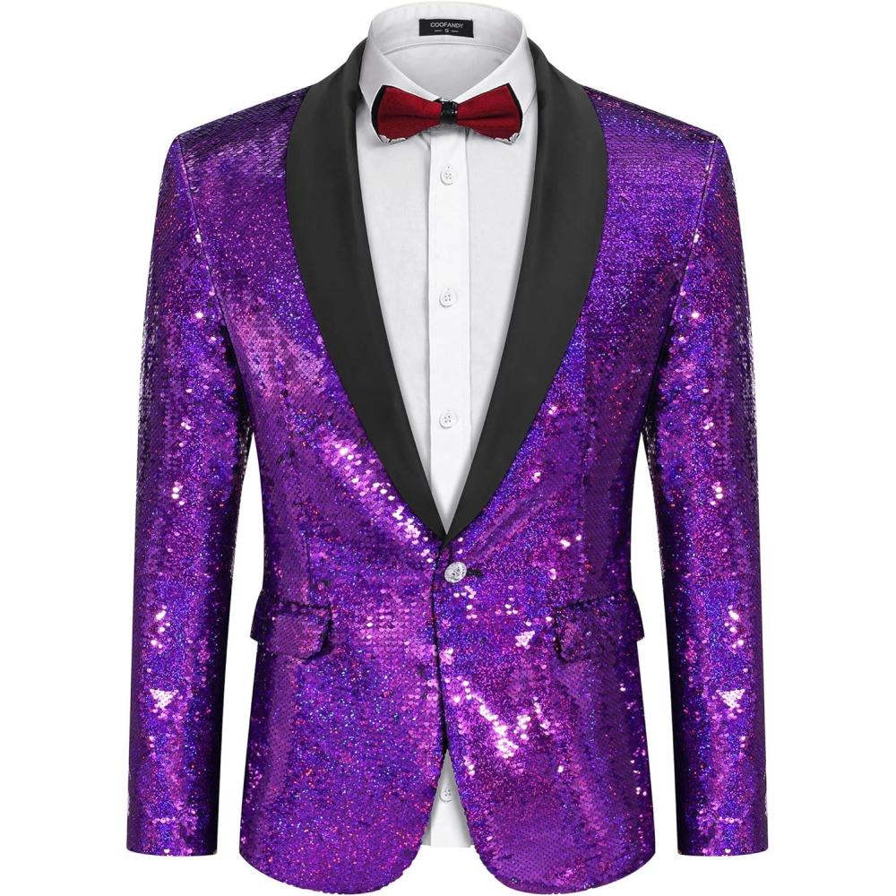 imageCOOFANDY Mens Shiny Sequin Blazer Tuxedo Party Dinner Prom One Button Suit JacketPurple