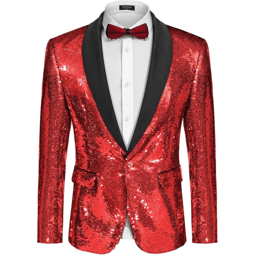 imageCOOFANDY Mens Shiny Sequin Blazer Tuxedo Party Dinner Prom One Button Suit JacketRed