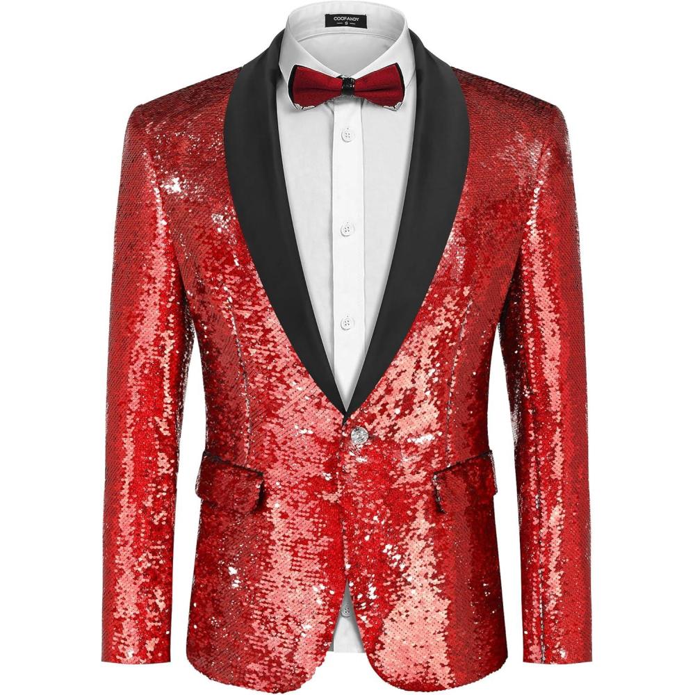 imageCOOFANDY Mens Shiny Sequin Blazer Tuxedo Party Dinner Prom One Button Suit JacketRed2