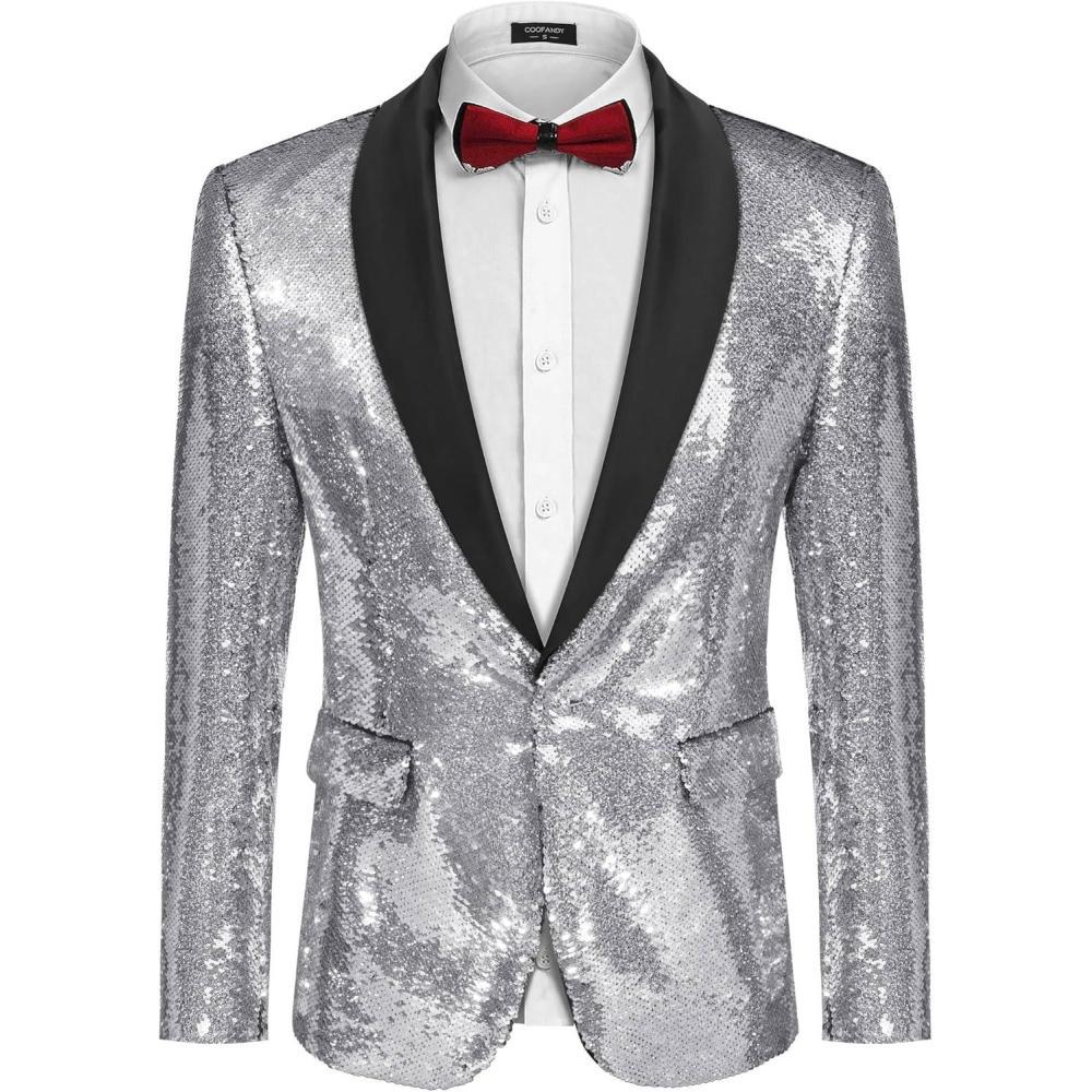 imageCOOFANDY Mens Shiny Sequin Blazer Tuxedo Party Dinner Prom One Button Suit JacketSilver