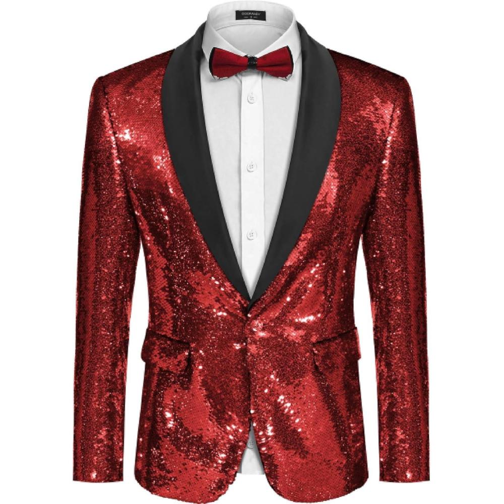 imageCOOFANDY Mens Shiny Sequin Blazer Tuxedo Party Dinner Prom One Button Suit JacketWine Red
