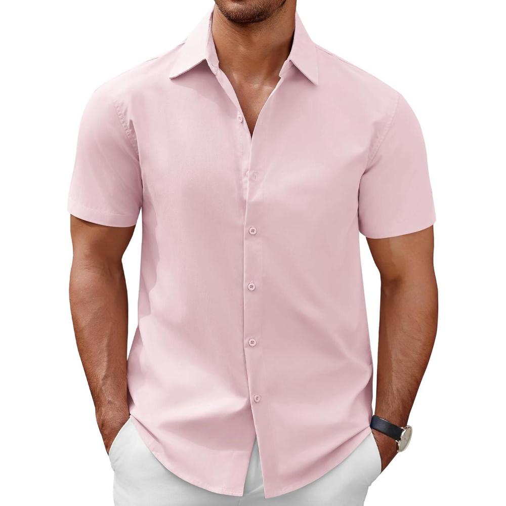 imageCOOFANDY Mens Short Sleeve Button Down Casual Shirts for Men Summer Untucked ShirtsIcy Pink