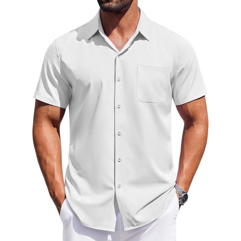 imageCOOFANDY Mens Short Sleeve Dress Shirts Button Down Shirts Regular Fit Business Casual Shirt with PocketWhite