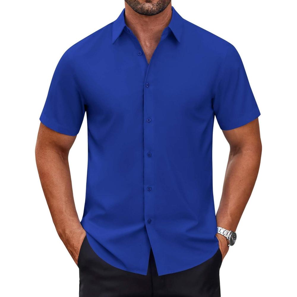 imageCOOFANDY Mens Short Sleeve Dress Shirts Wrinkle Free Casual Button Down Shirts Summer Untucked Dress ShirtDark Blue