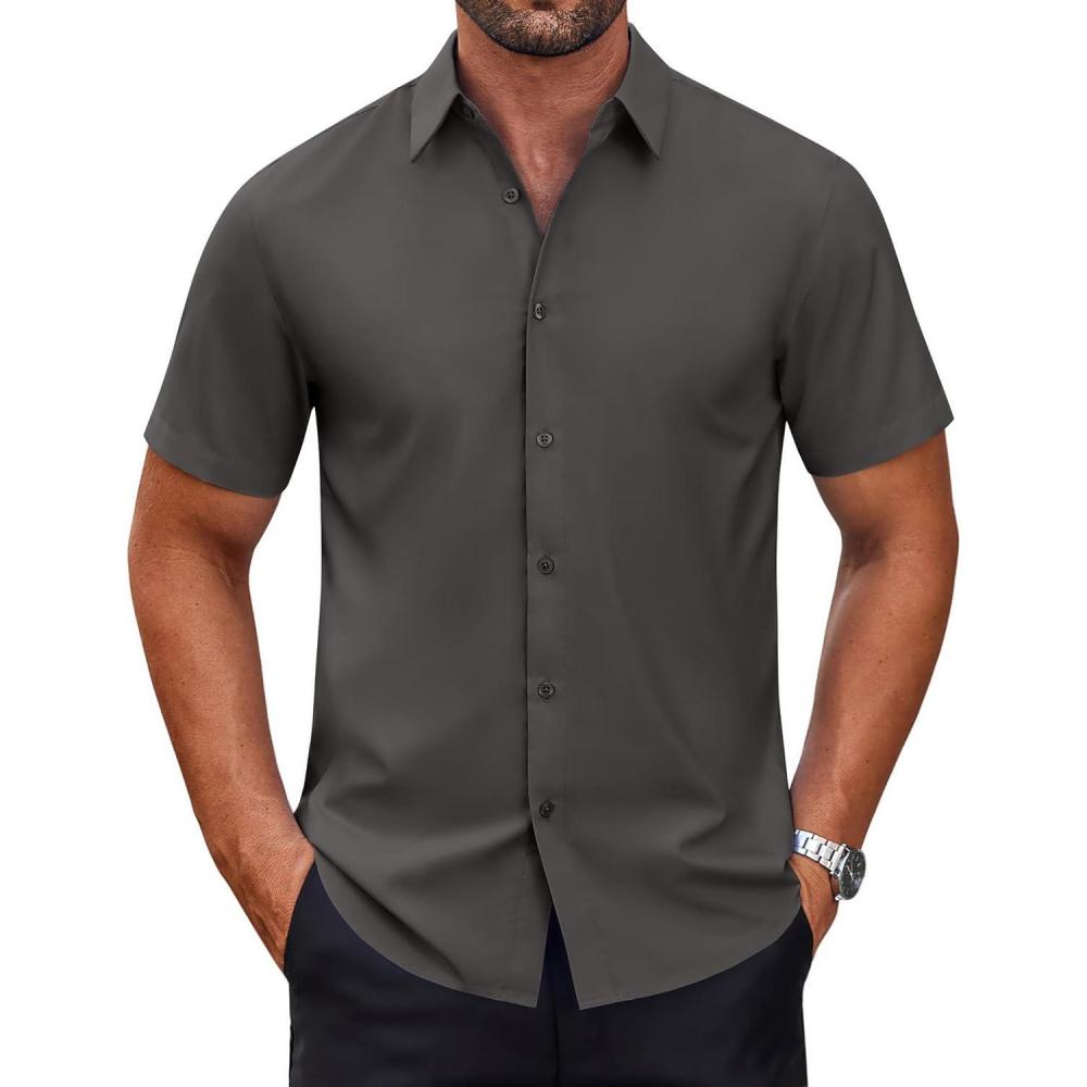 imageCOOFANDY Mens Short Sleeve Dress Shirts Wrinkle Free Casual Button Down Shirts Summer Untucked Dress ShirtDark Grey