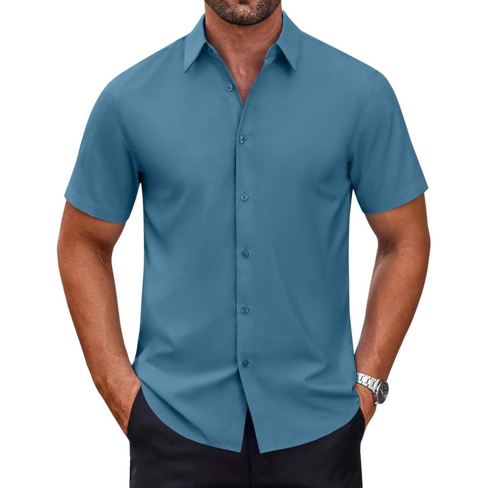 imageCOOFANDY Mens Short Sleeve Dress Shirts Wrinkle Free Casual Button Down Shirts Summer Untucked Dress ShirtDeep Blue