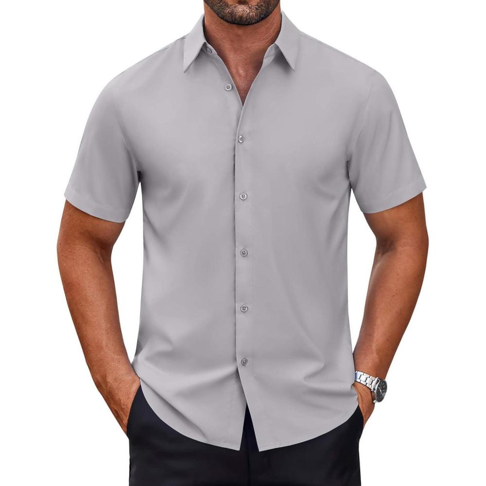 imageCOOFANDY Mens Short Sleeve Dress Shirts Wrinkle Free Casual Button Down Shirts Summer Untucked Dress ShirtLight Grey