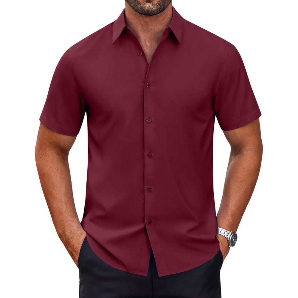 imageCOOFANDY Mens Short Sleeve Dress Shirts Wrinkle Free Casual Button Down Shirts Summer Untucked Dress ShirtWine Red