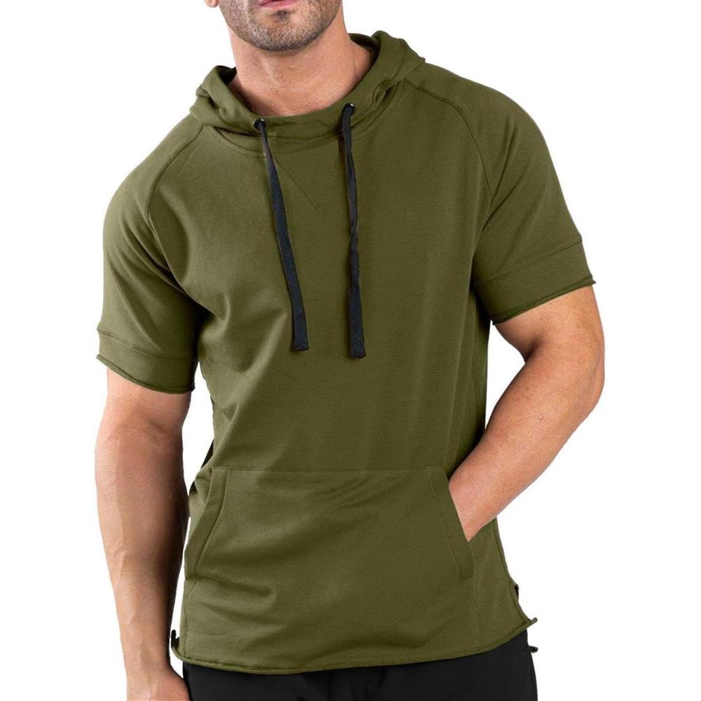 imageCOOFANDY Mens Short Sleeve Hoodie Workout Gym Sweatshirt Muscle Fit Fashion Athletic Hoodies Pullover Cotton Hooded TShirtsArmy Green