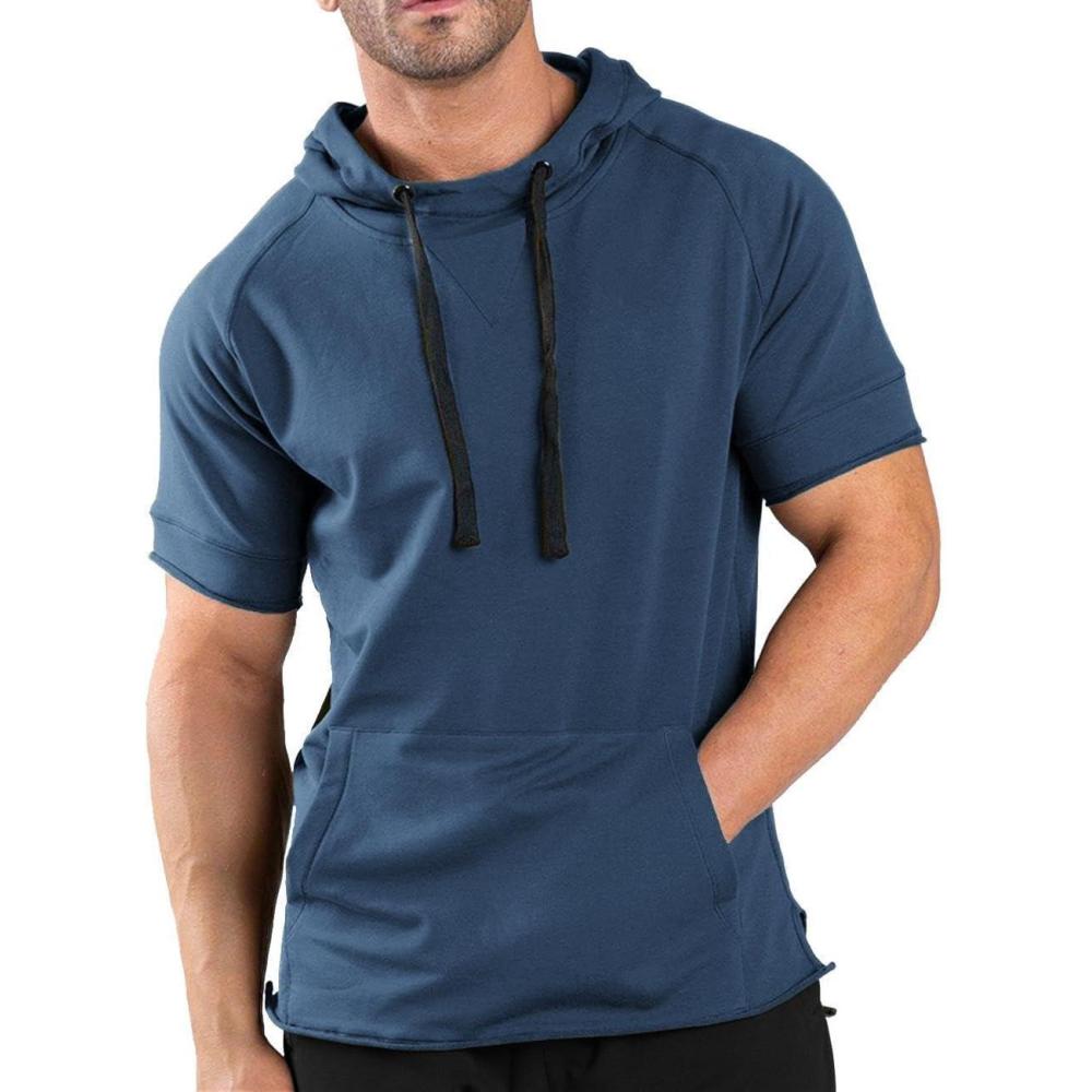 imageCOOFANDY Mens Short Sleeve Hoodie Workout Gym Sweatshirt Muscle Fit Fashion Athletic Hoodies Pullover Cotton Hooded TShirtsBlue