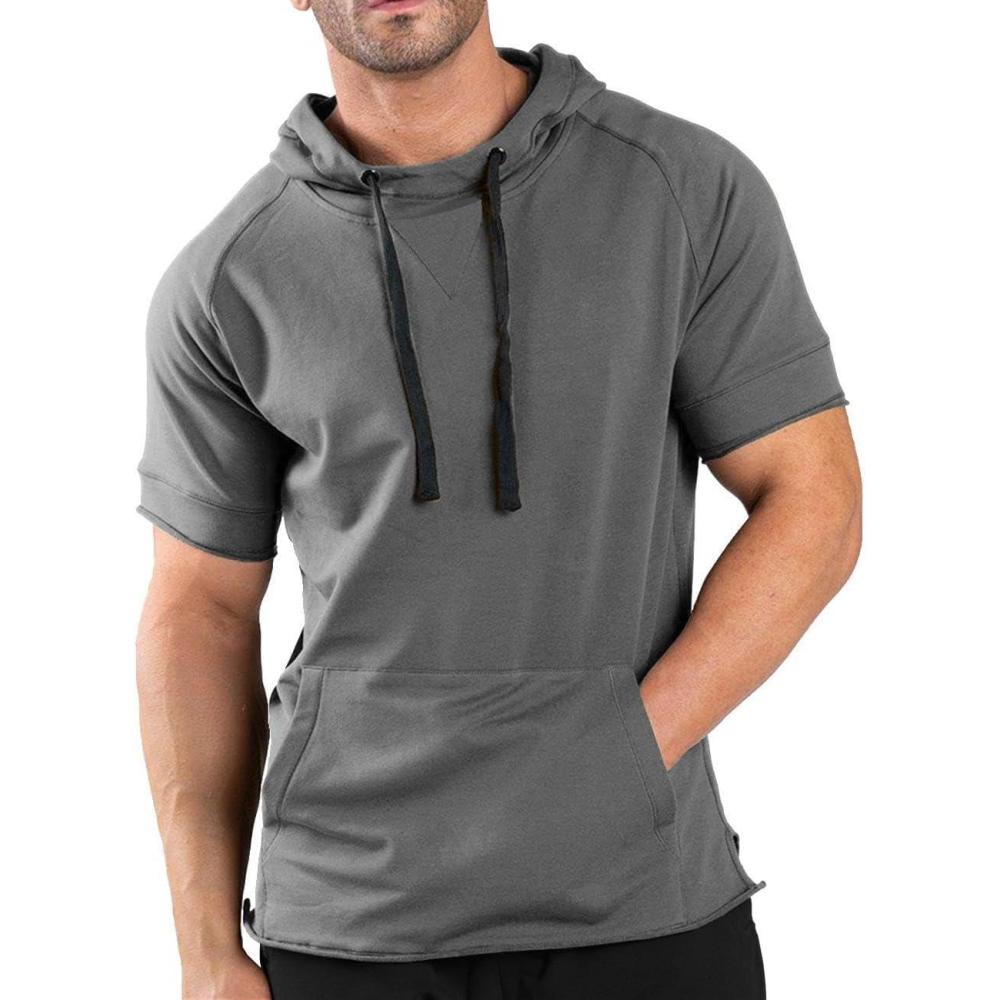 imageCOOFANDY Mens Short Sleeve Hoodie Workout Gym Sweatshirt Muscle Fit Fashion Athletic Hoodies Pullover Cotton Hooded TShirtsDark Grey