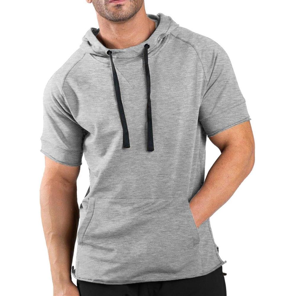 imageCOOFANDY Mens Short Sleeve Hoodie Workout Gym Sweatshirt Muscle Fit Fashion Athletic Hoodies Pullover Cotton Hooded TShirtsGrey