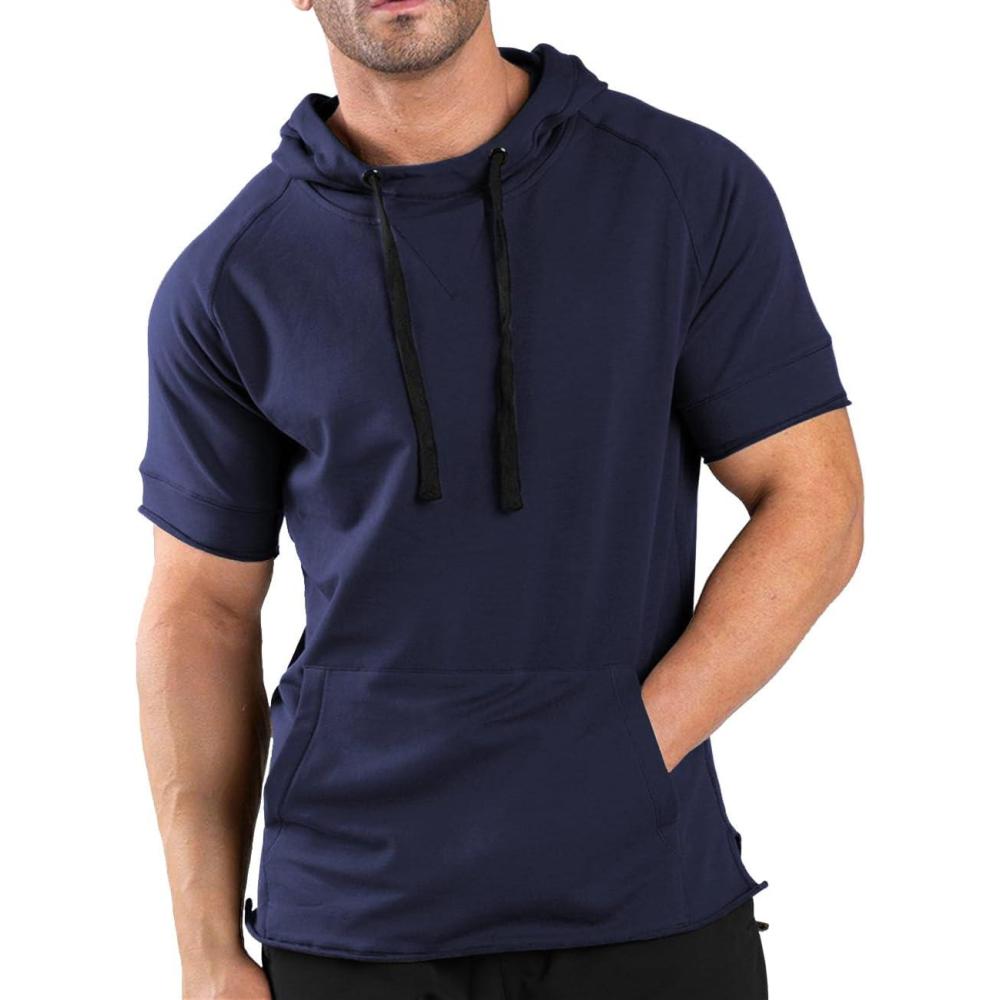 imageCOOFANDY Mens Short Sleeve Hoodie Workout Gym Sweatshirt Muscle Fit Fashion Athletic Hoodies Pullover Cotton Hooded TShirtsNavy Blue