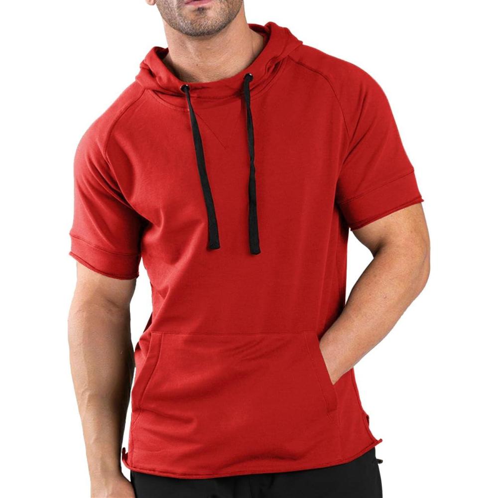 imageCOOFANDY Mens Short Sleeve Hoodie Workout Gym Sweatshirt Muscle Fit Fashion Athletic Hoodies Pullover Cotton Hooded TShirtsRed