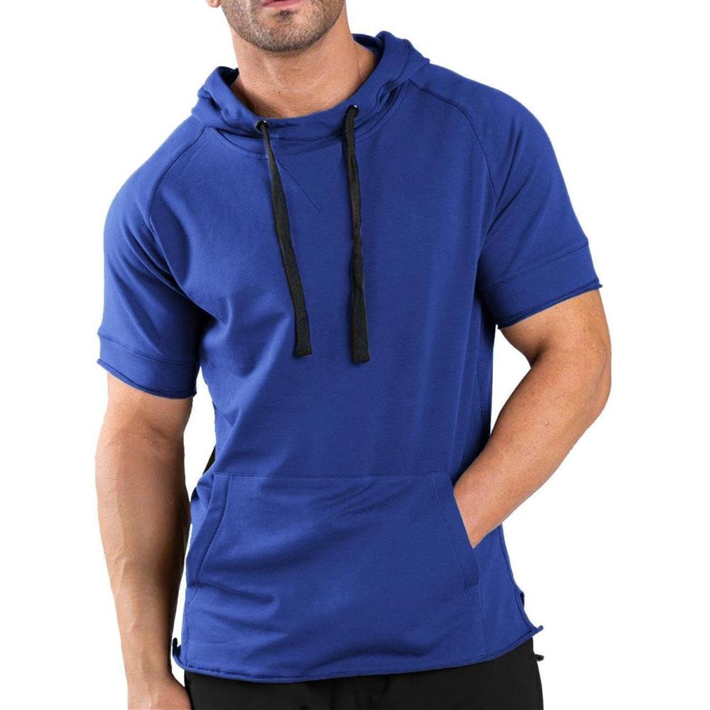 imageCOOFANDY Mens Short Sleeve Hoodie Workout Gym Sweatshirt Muscle Fit Fashion Athletic Hoodies Pullover Cotton Hooded TShirtsSnorkel Blue