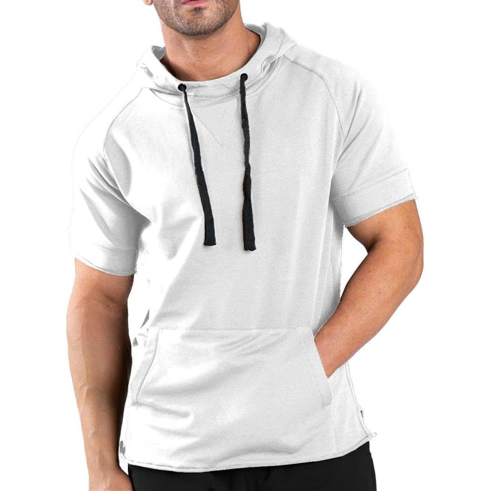 imageCOOFANDY Mens Short Sleeve Hoodie Workout Gym Sweatshirt Muscle Fit Fashion Athletic Hoodies Pullover Cotton Hooded TShirtsWhite