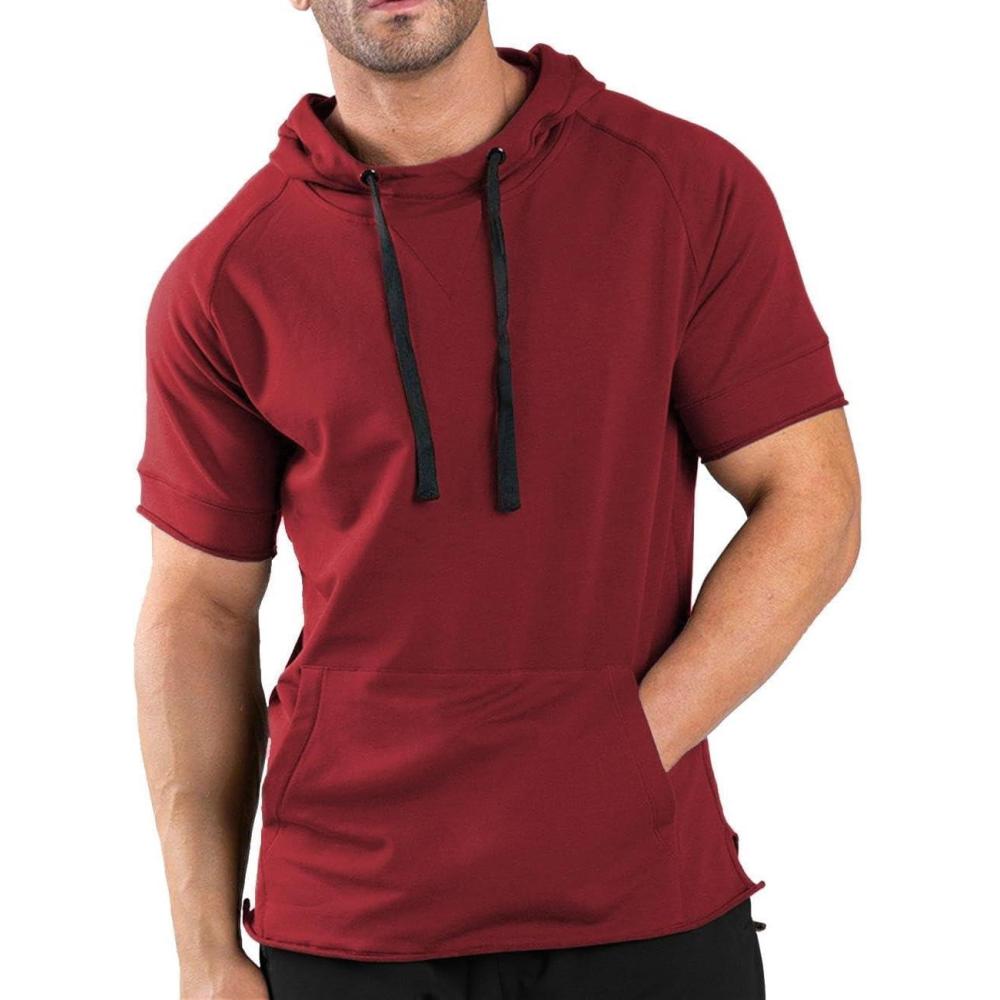 imageCOOFANDY Mens Short Sleeve Hoodie Workout Gym Sweatshirt Muscle Fit Fashion Athletic Hoodies Pullover Cotton Hooded TShirtsWine Red