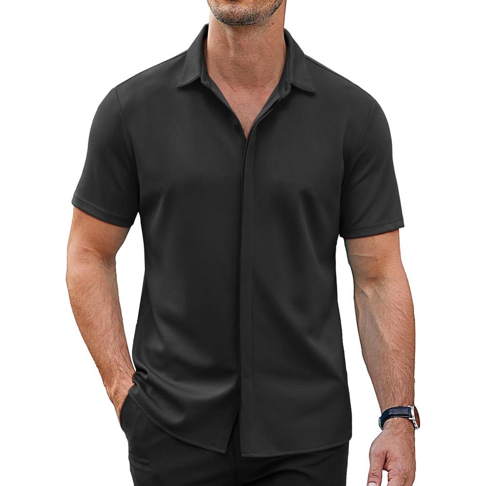 imageCOOFANDY Mens Short Sleeve Wrinkle Free Shirt Casual Button Down Shirt Summer Dress ShirtBlack