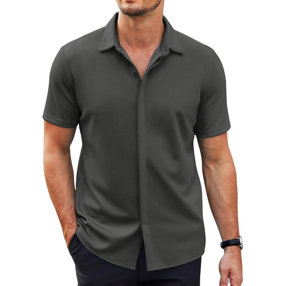 imageCOOFANDY Mens Short Sleeve Wrinkle Free Shirt Casual Button Down Shirt Summer Dress ShirtDark Grey