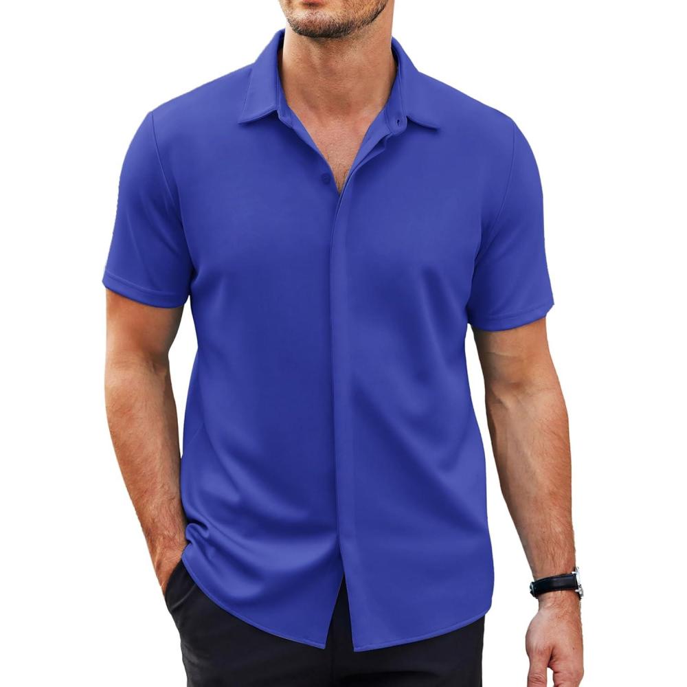 imageCOOFANDY Mens Short Sleeve Wrinkle Free Shirt Casual Button Down Shirt Summer Dress ShirtDeep Blue