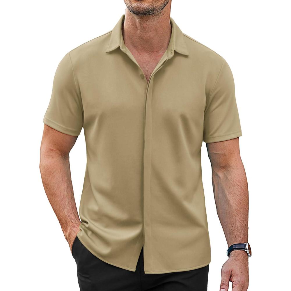 imageCOOFANDY Mens Short Sleeve Wrinkle Free Shirt Casual Button Down Shirt Summer Dress ShirtKhaki