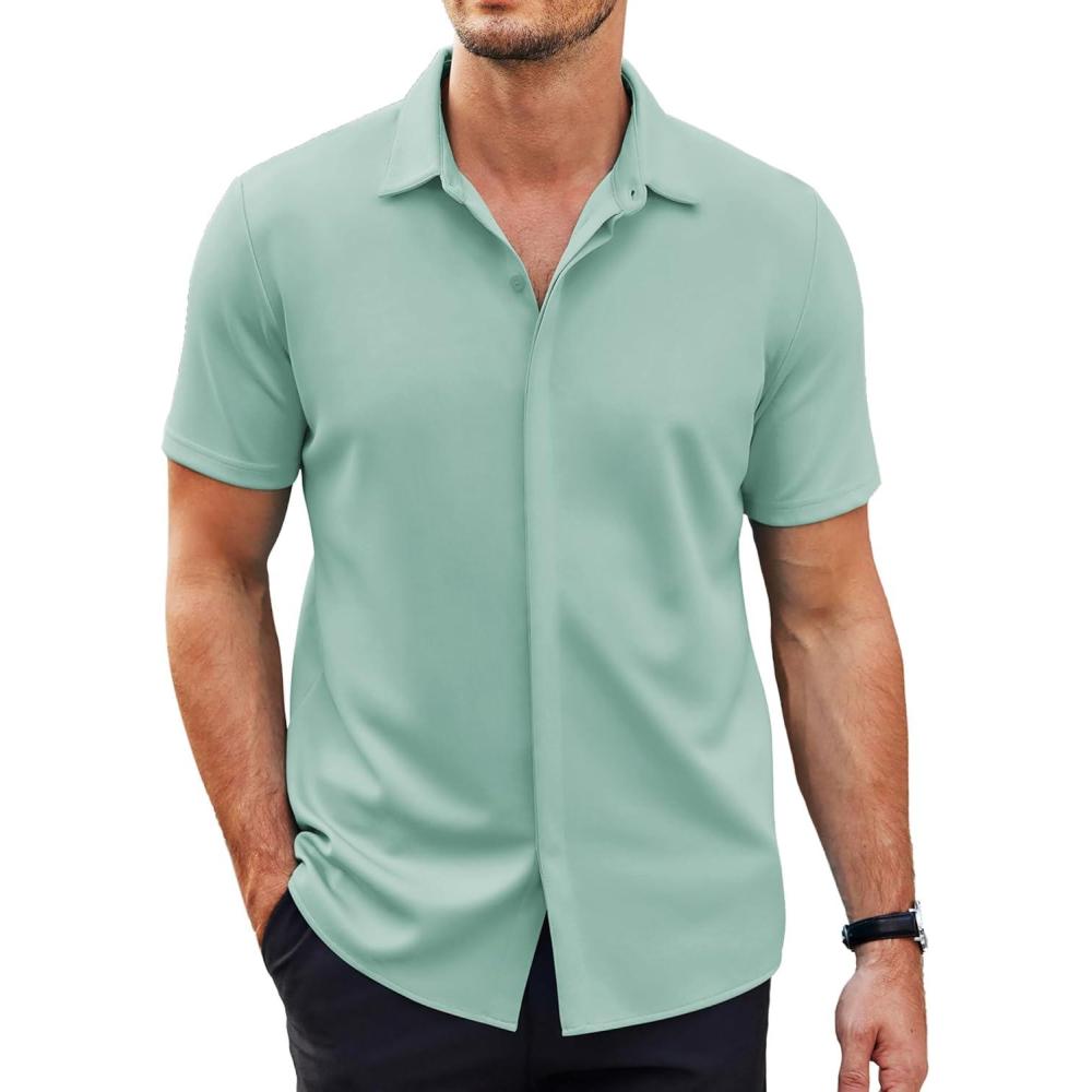 imageCOOFANDY Mens Short Sleeve Wrinkle Free Shirt Casual Button Down Shirt Summer Dress ShirtLight Green