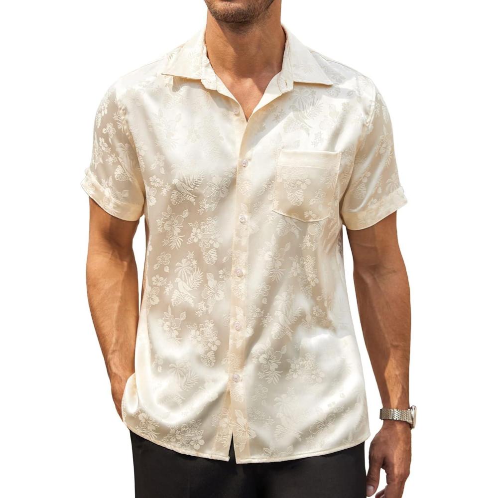 imageCOOFANDY Mens Silk Button Down Short Sleeve Shirt Satin Dress Shirts Summer Beach Wedding Shirt01 Light Khaki