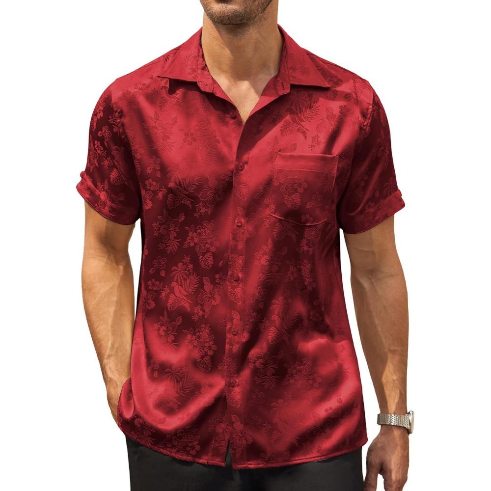 imageCOOFANDY Mens Silk Button Down Short Sleeve Shirt Satin Dress Shirts Summer Beach Wedding Shirt01 Red
