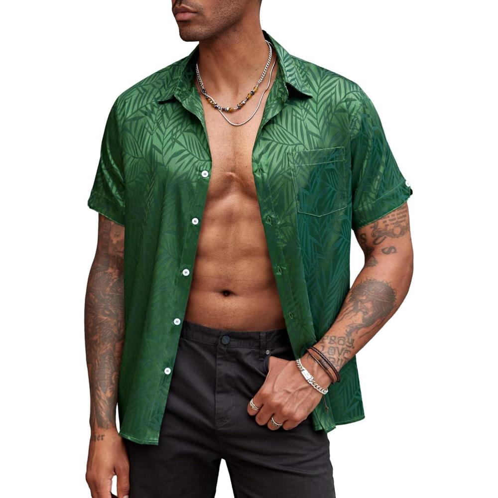 imageCOOFANDY Mens Silk Button Down Short Sleeve Shirt Satin Dress Shirts Summer Beach Wedding Shirt02 Deep Green
