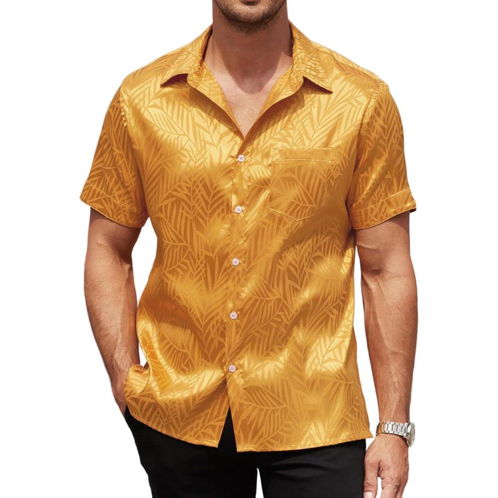 imageCOOFANDY Mens Silk Button Down Short Sleeve Shirt Satin Dress Shirts Summer Beach Wedding Shirt02 Golden Yellow