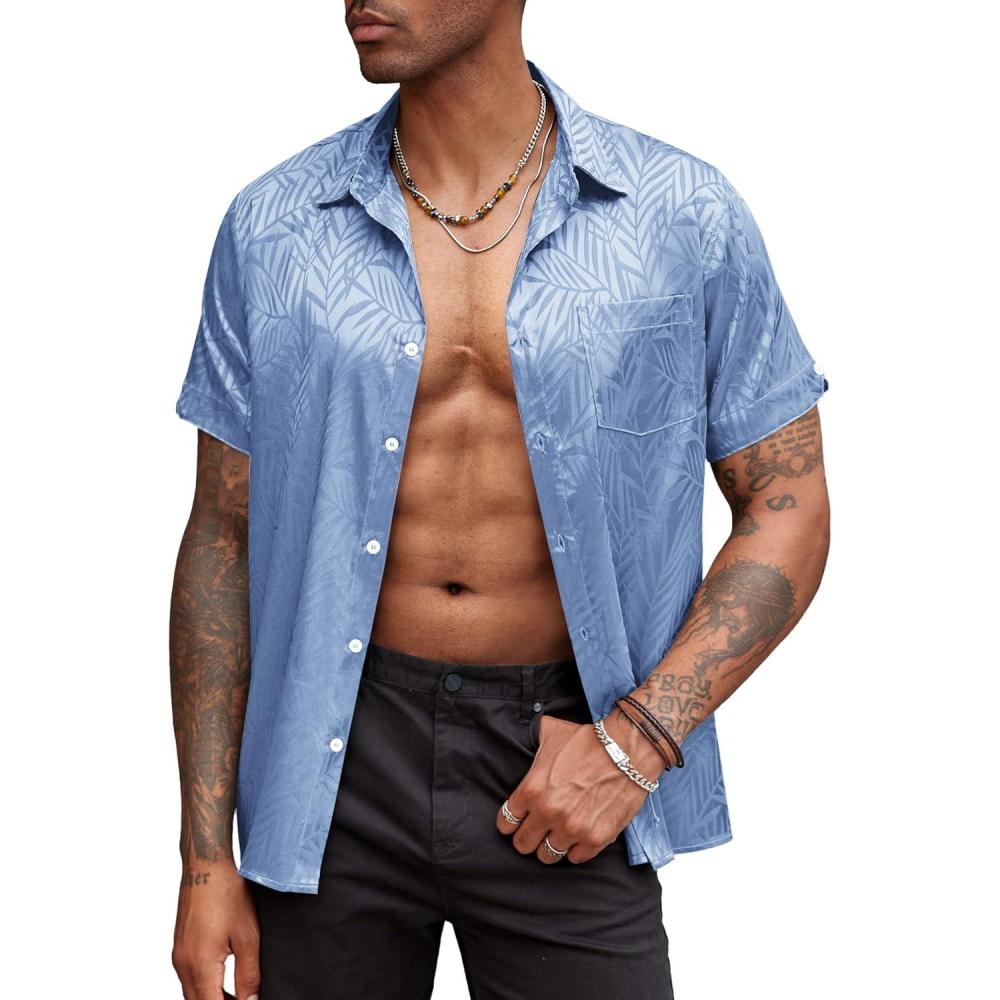 imageCOOFANDY Mens Silk Button Down Short Sleeve Shirt Satin Dress Shirts Summer Beach Wedding Shirt02 Sky Blue