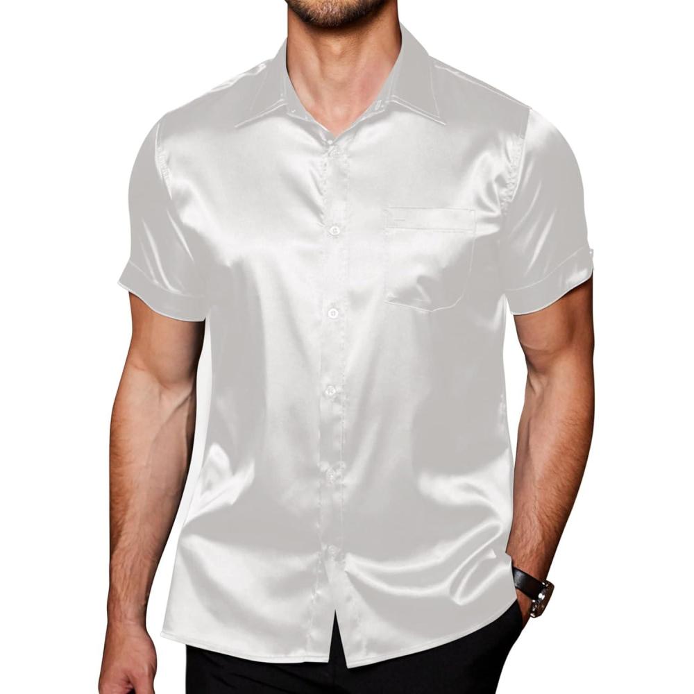 imageCOOFANDY Mens Silk Button Down Short Sleeve Shirt Satin Dress Shirts Summer Beach Wedding ShirtWhitepure
