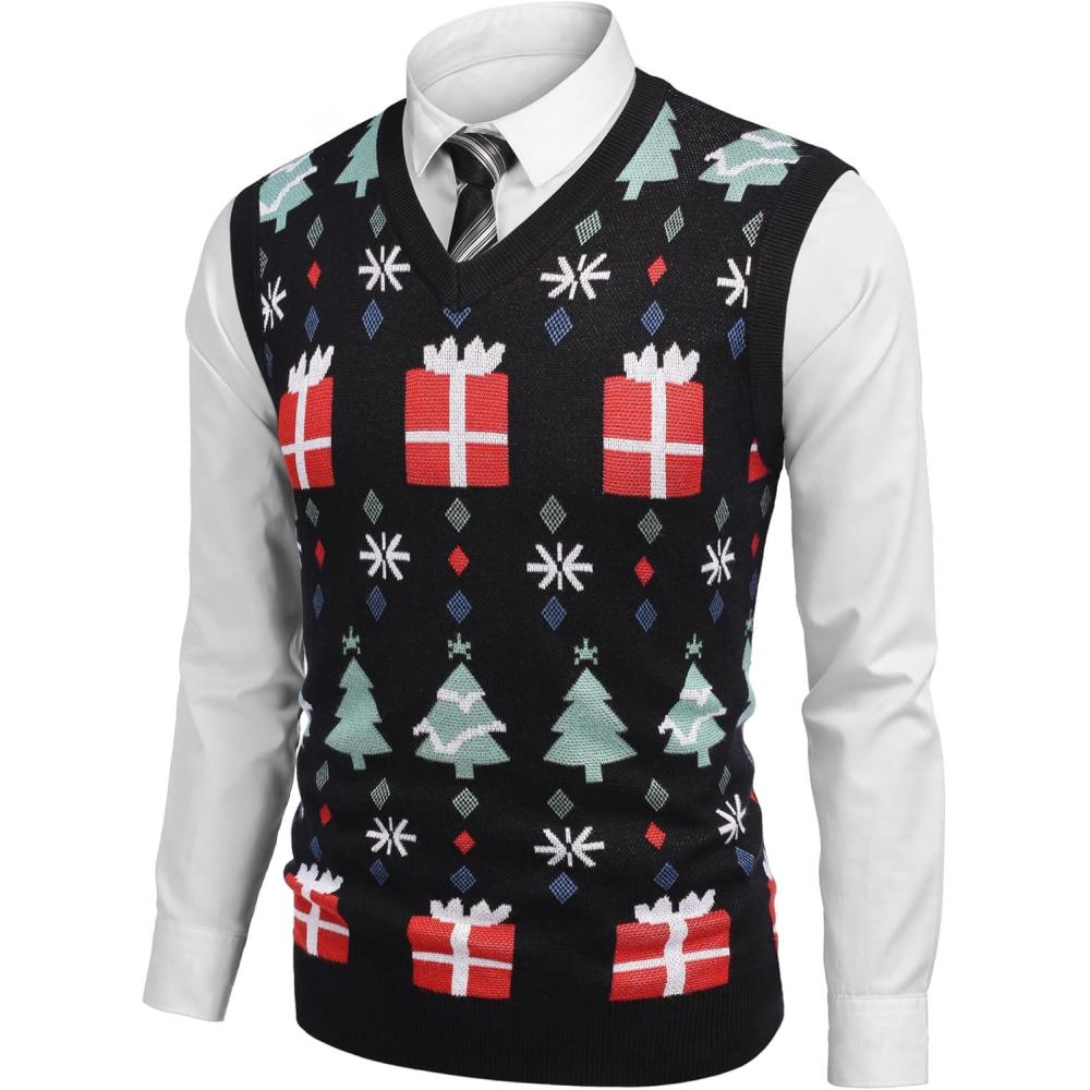 imageCOOFANDY Mens Sleeveless Sweater Vest Lightweight VNeck Cotton Vest PulloverColorful Christmas Tree