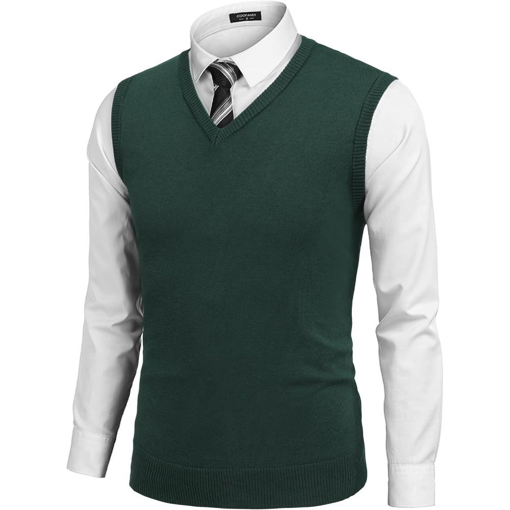 imageCOOFANDY Mens Sleeveless Sweater Vest Lightweight VNeck Cotton Vest PulloverGreen