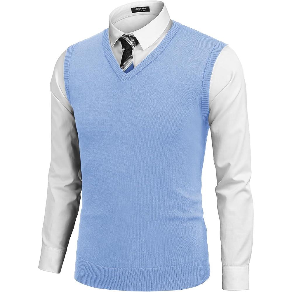 imageCOOFANDY Mens Sleeveless Sweater Vest Lightweight VNeck Cotton Vest PulloverLight Blue