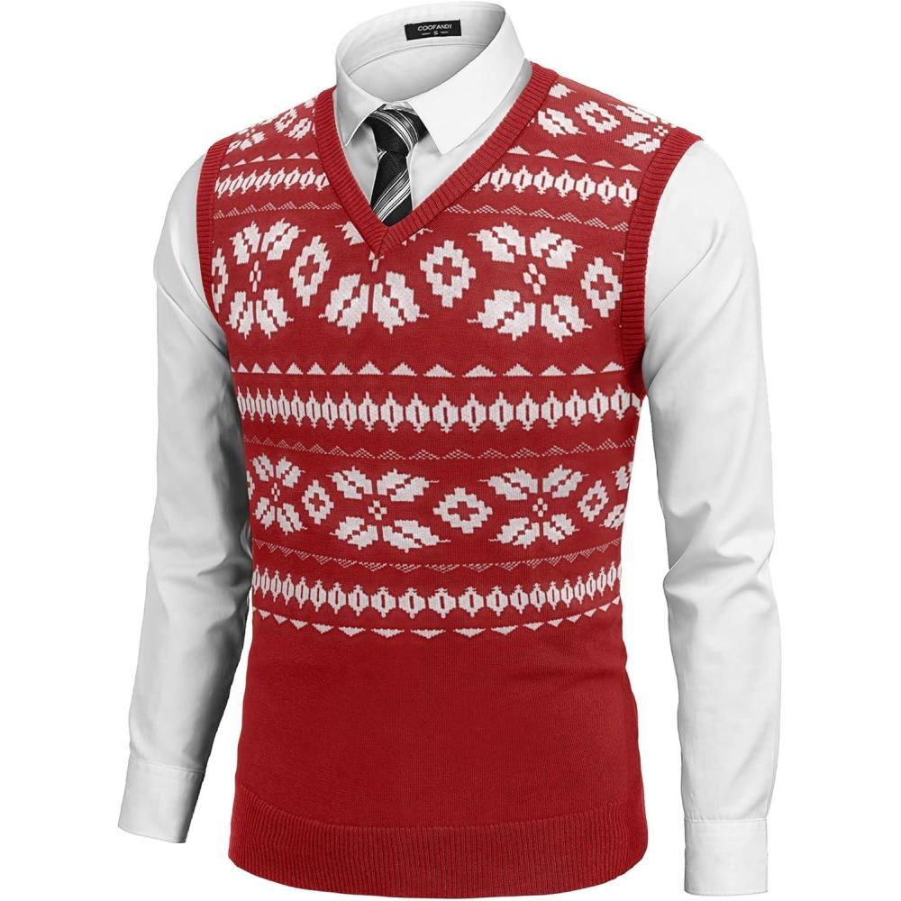 imageCOOFANDY Mens Sleeveless Sweater Vest Lightweight VNeck Cotton Vest PulloverRed and White Snowflakes