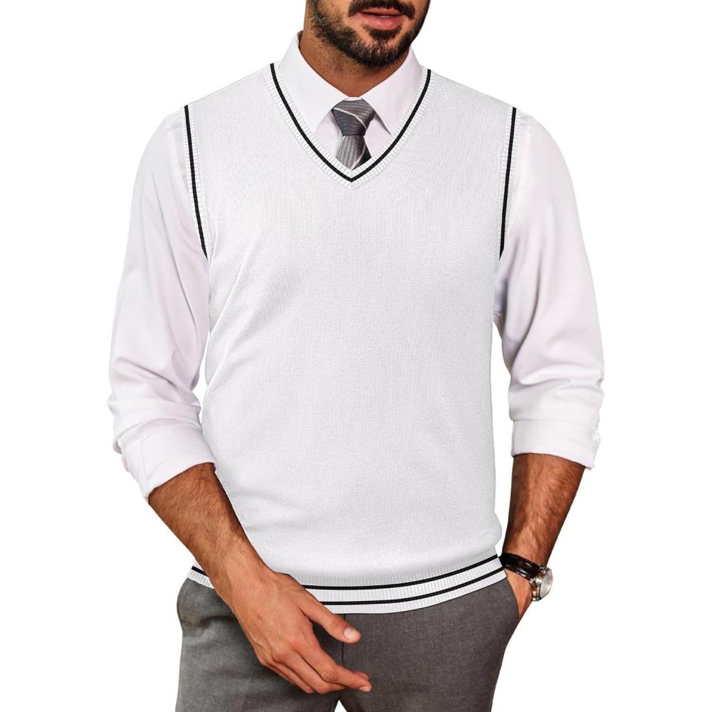 imageCOOFANDY Mens Sleeveless Sweater Vest Lightweight VNeck Cotton Vest PulloverStripes White and Black