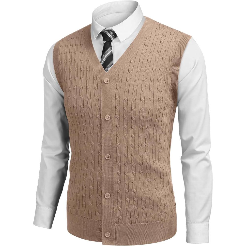 imageCOOFANDY Mens Sleeveless Sweater Vest VNeck Casual Cable Knit Button Down Cardigan VestKhaki