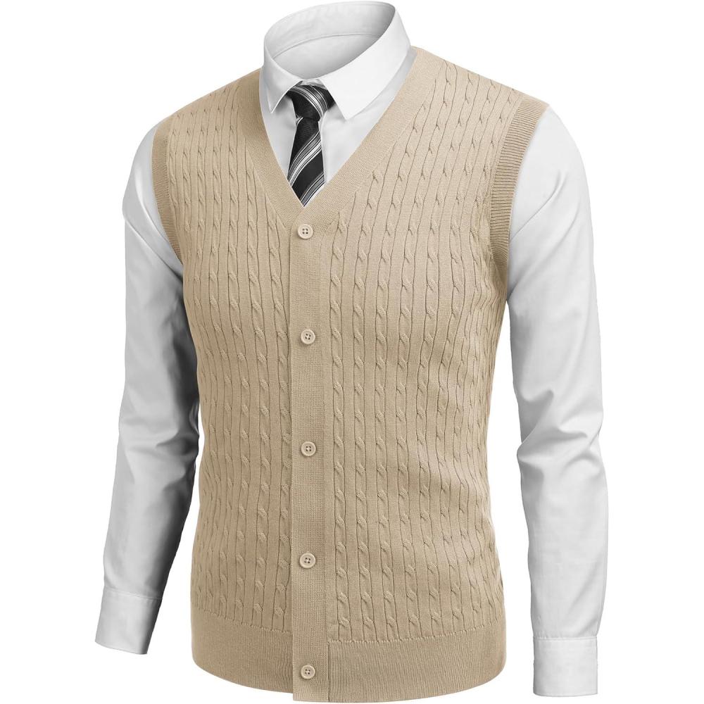 imageCOOFANDY Mens Sleeveless Sweater Vest VNeck Casual Cable Knit Button Down Cardigan VestLight Khaki