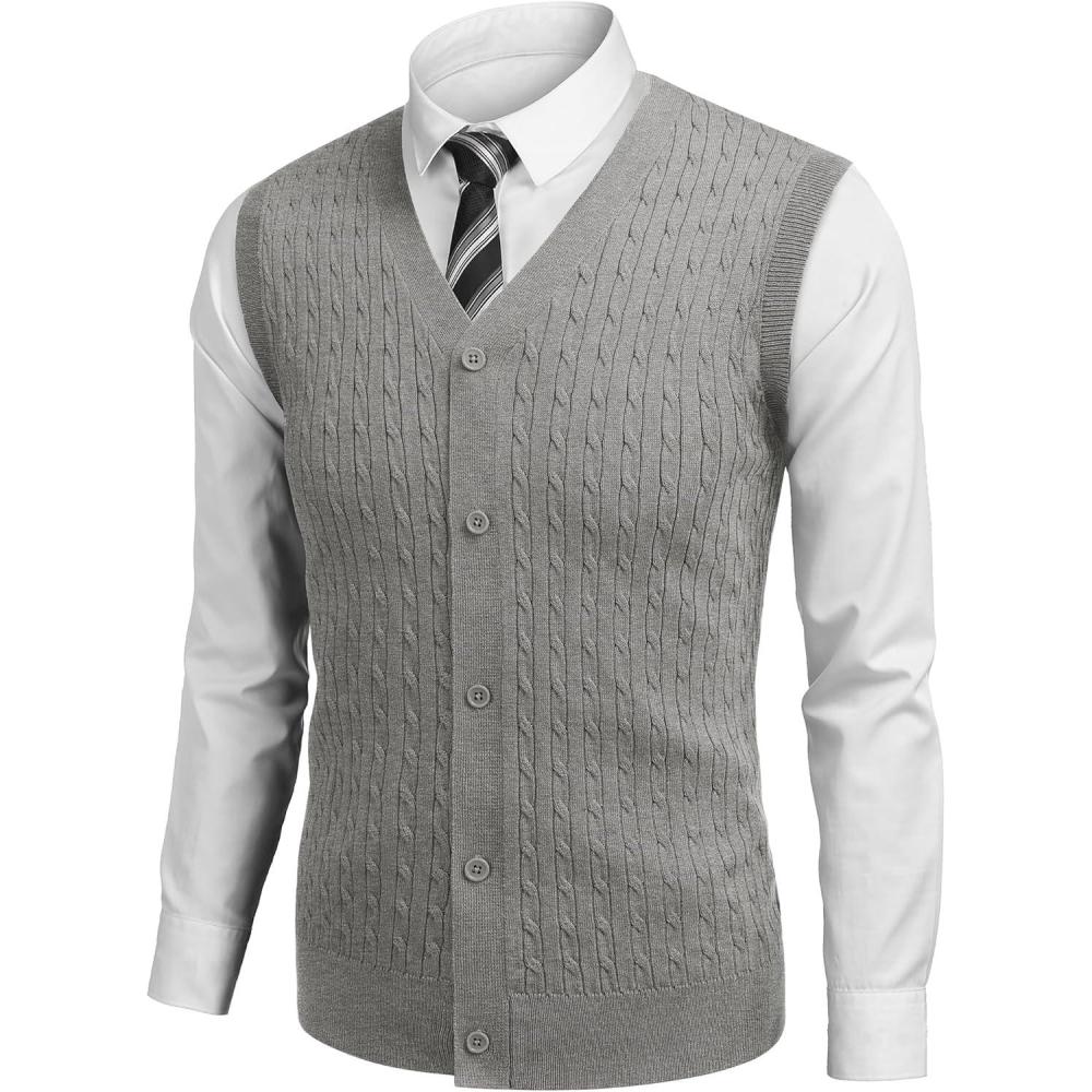 imageCOOFANDY Mens Sleeveless Sweater Vest VNeck Casual Cable Knit Button Down Cardigan VestMedium Grey